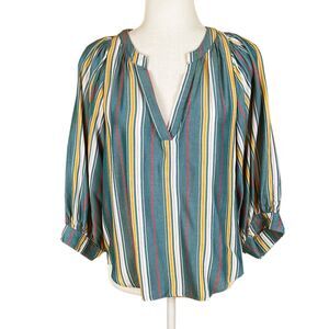 Maeve Anthropologie Byron Split Neck Top Size S Teal Striped Balloon Sleeves